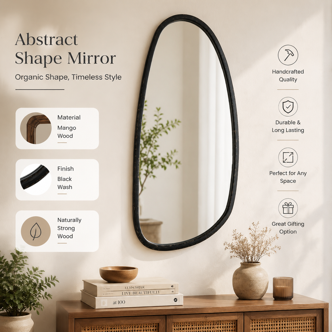 Abstract Shape Wall Mirror in Black Wash Mango Wood Frame