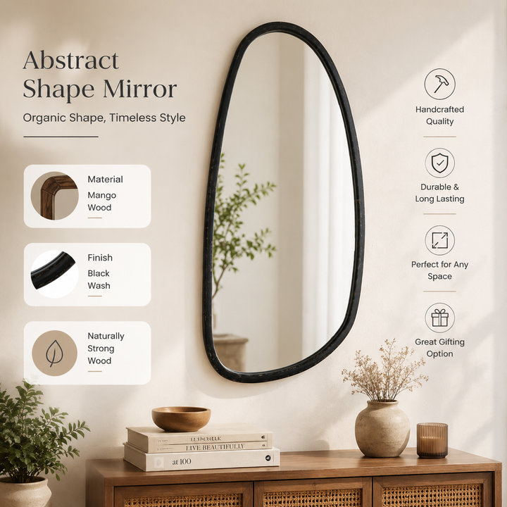 Abstract Shape Wall Mirror in Black Wash Mango Wood Frame