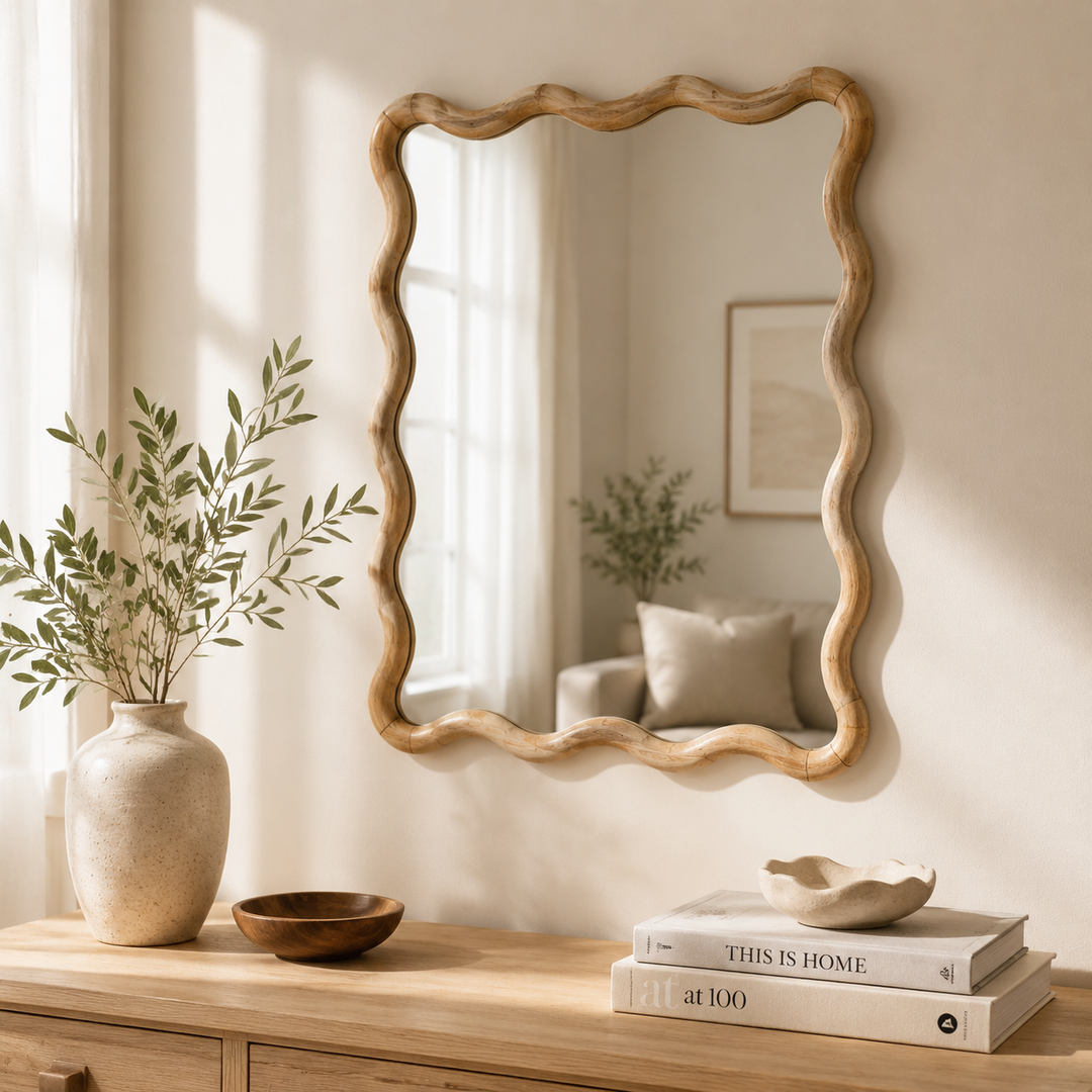 Wavy Rattan Wall Mirror in Natural Mango Wood 90x120 cm