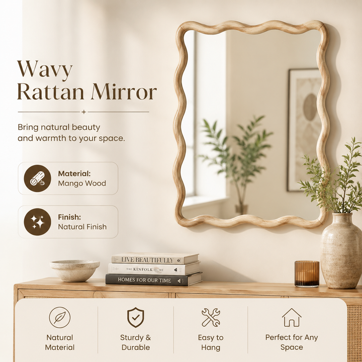 Wavy Rattan Wall Mirror in Natural Mango Wood 90x120 cm