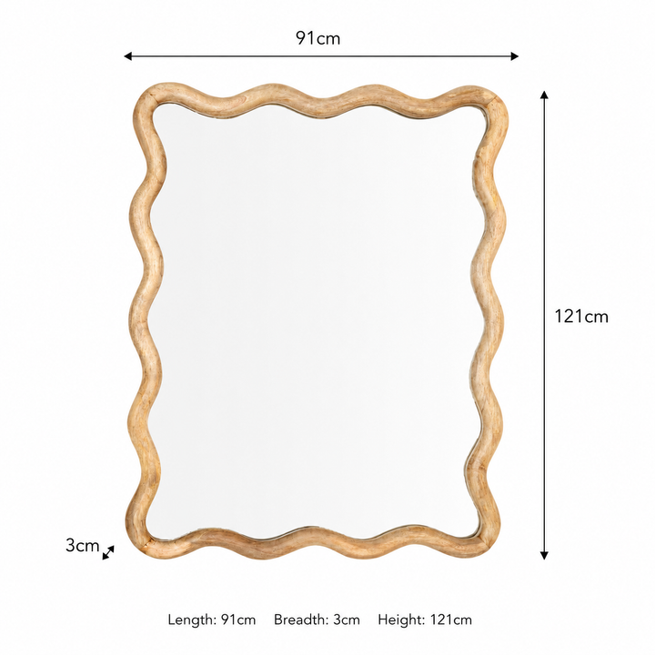 Wavy Rattan Wall Mirror in Natural Mango Wood 90x120 cm