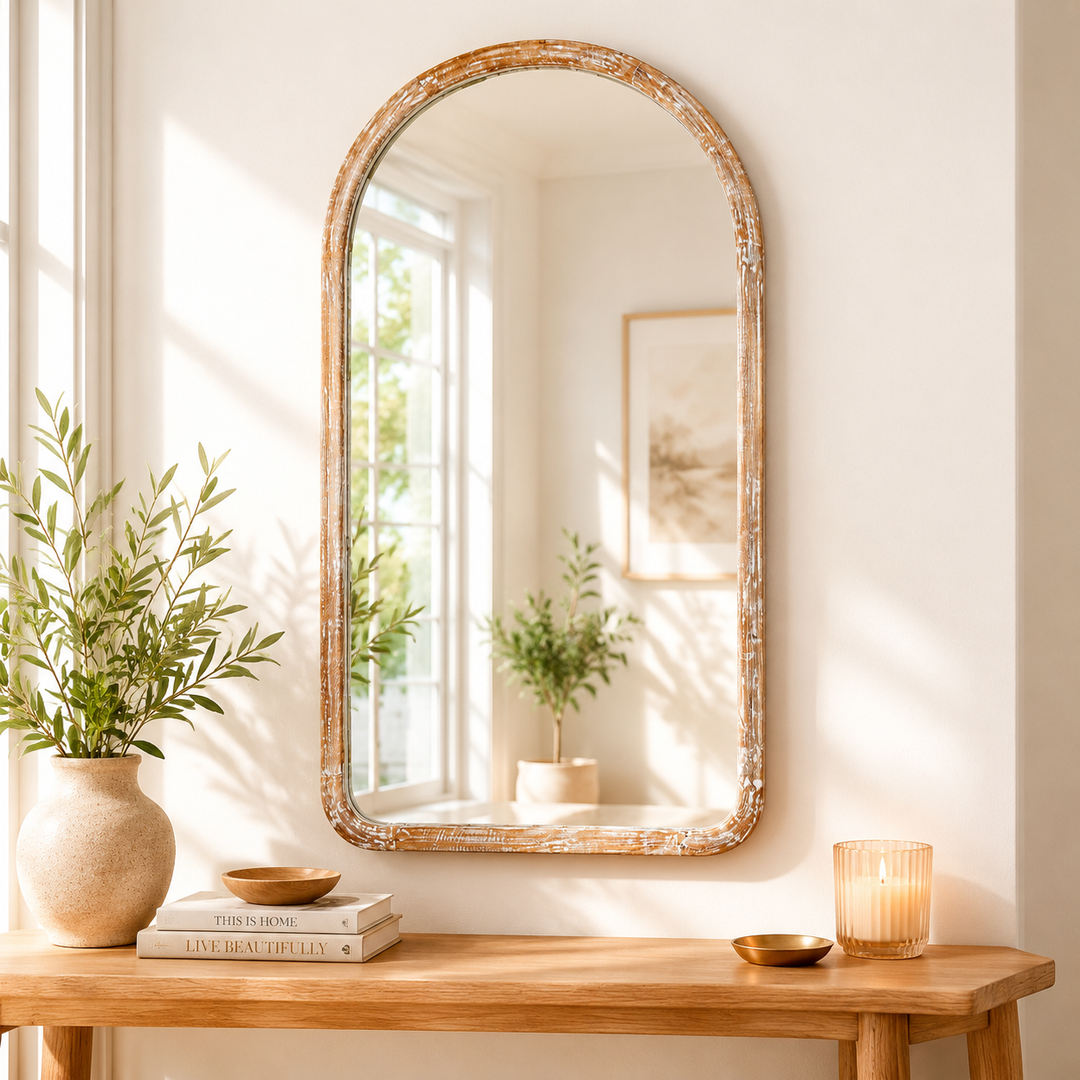 Semi Round Wall Mirror in Antique White Mango Wood Frame