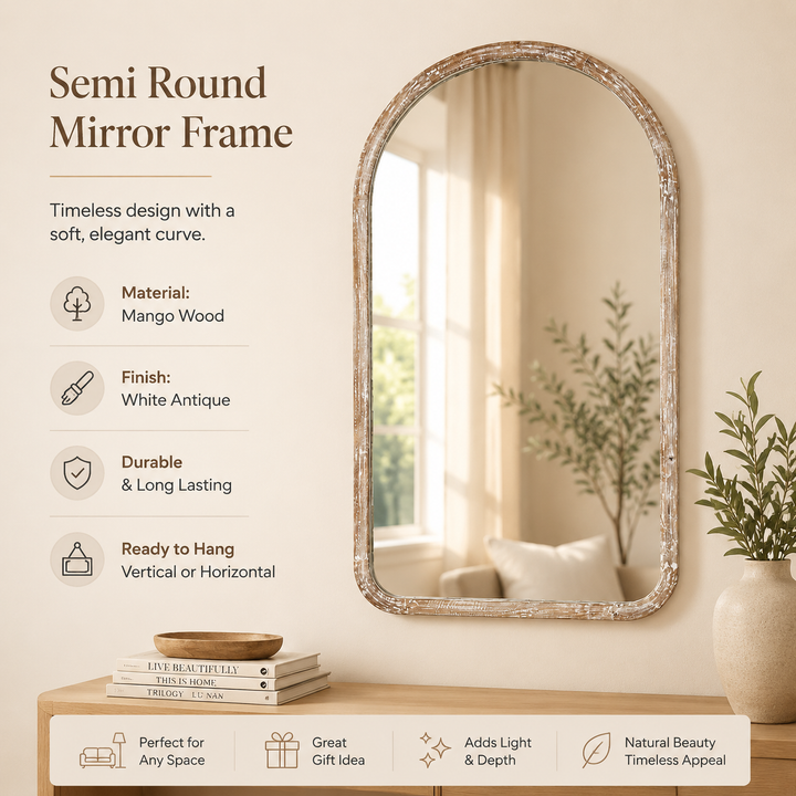 Semi Round Wall Mirror in Antique White Mango Wood Frame