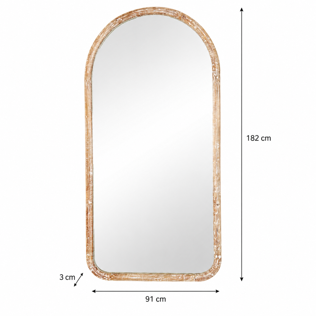 Semi Round Wall Mirror in Antique White Mango Wood Frame