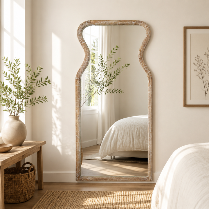 Curved Neck Wall Mirror in Antique White Mango Wood Frame