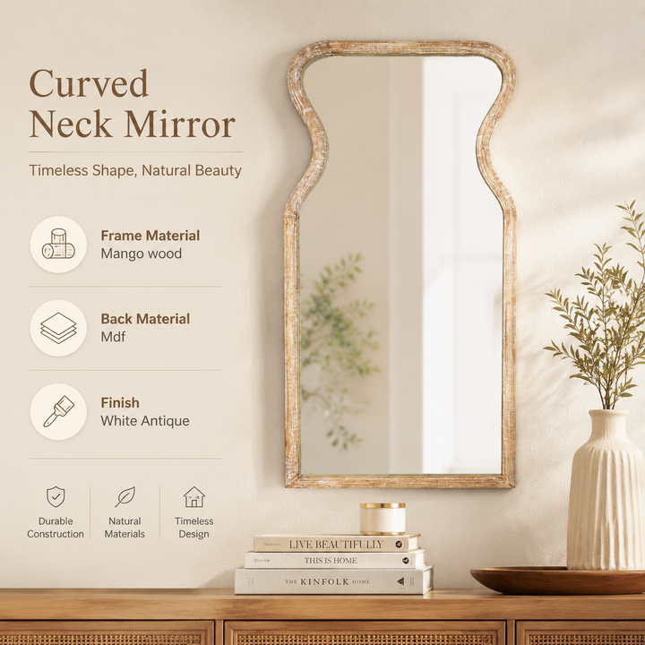 Curved Neck Wall Mirror in Antique White Mango Wood Frame