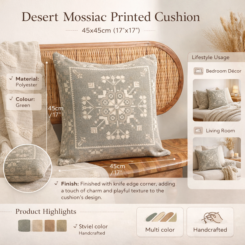 Desert Mosaic Printed Cushion – Earthy Green Geometric Design