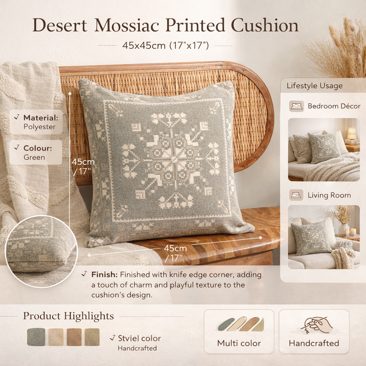 Desert Mosaic Printed Cushion – Earthy Green Geometric Design