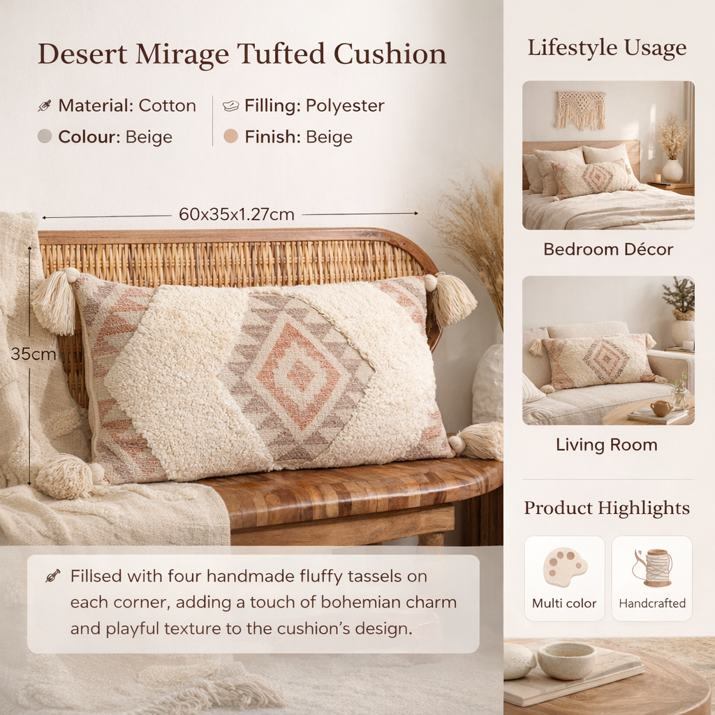 Desert Mirage Tufted Cushion Cover with Tassels – Beige | 60x35 cm