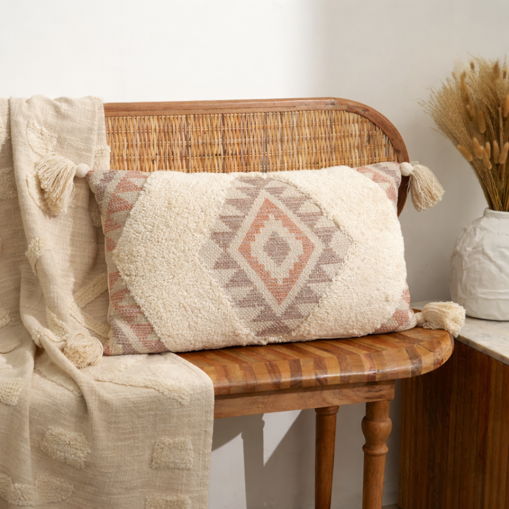Desert Mirage Tufted Cushion Cover with Tassels – Beige | 60x35 cm