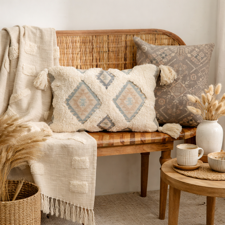 Sandstone Peaks Tufted Cushion with Tassels – Beige | 50×30 cm