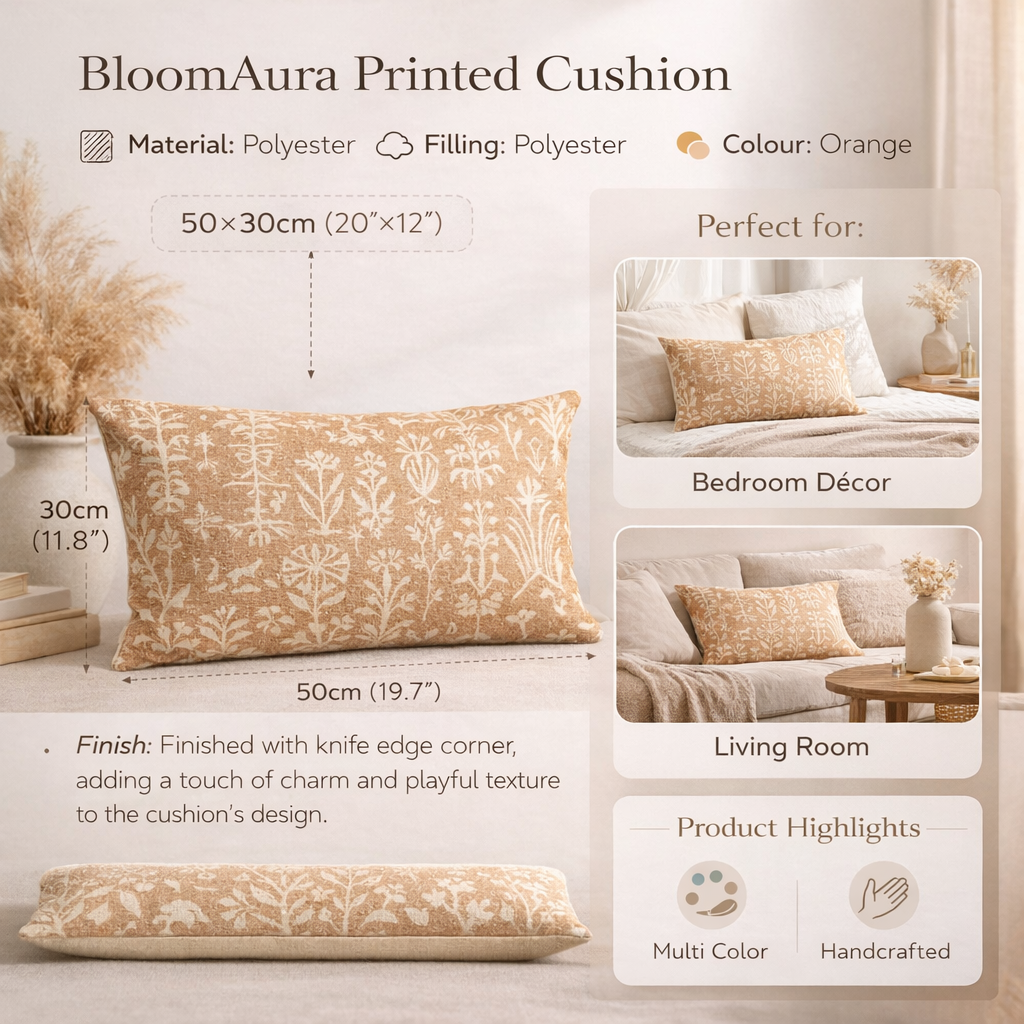 BloomAura Decorative Printed Cushion – 50 x 30 cm