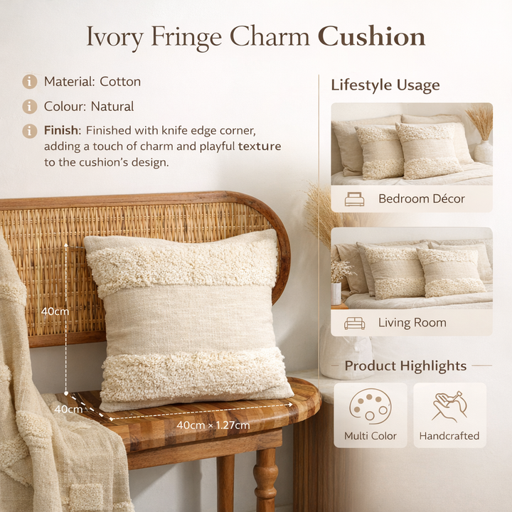 Ivory Fringe Charm Tufted Cushion – Natural Cotton 40 × 40 cm