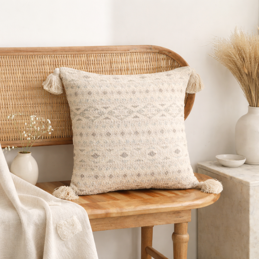 Misty Dune Woven Cushion with Tassels – Beige | 45 × 45 cm