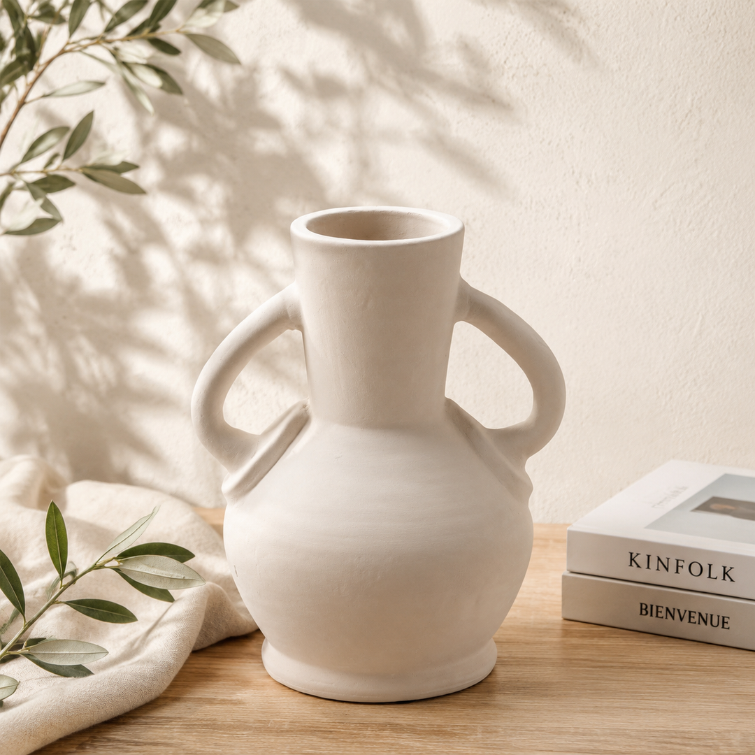 White Twin-Handle Amphora Terracotta Vase – Sculptural Round Body Decorative Vase