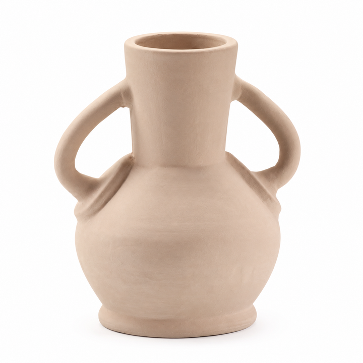 White Twin-Handle Amphora Terracotta Vase – Sculptural Round Body Decorative Vase