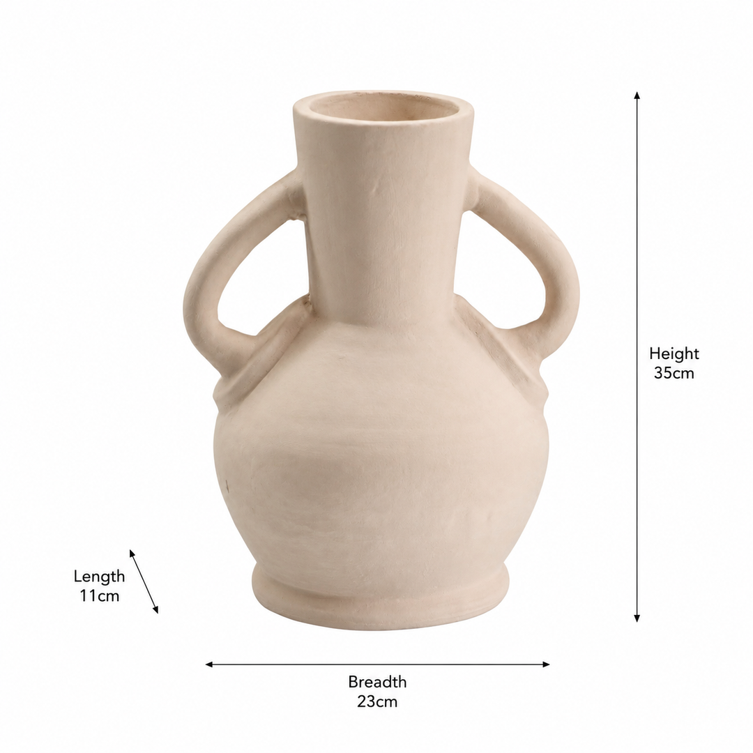 White Twin-Handle Amphora Terracotta Vase – Sculptural Round Body Decorative Vase