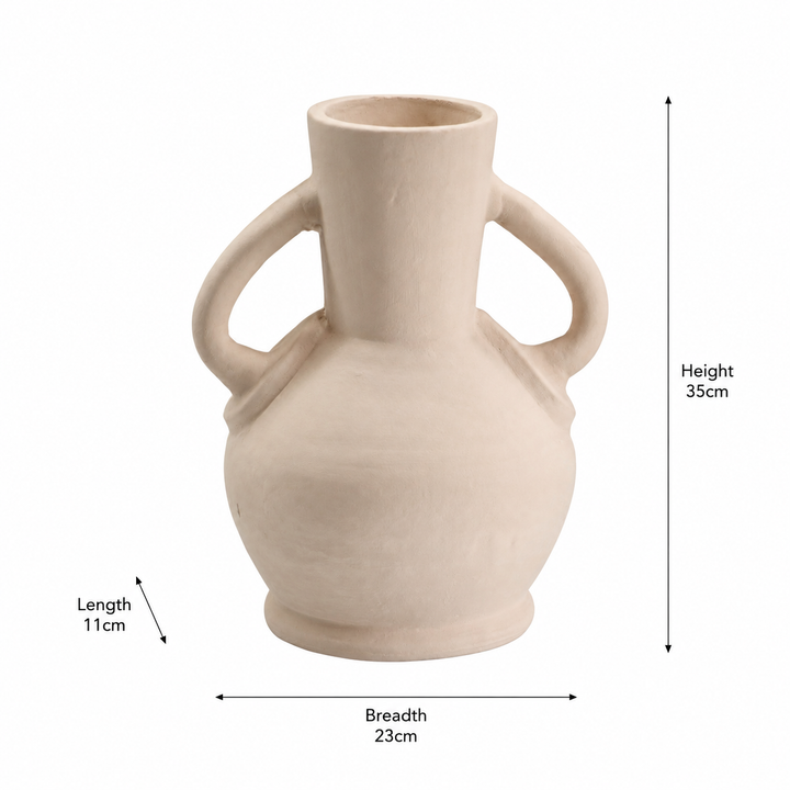 White Twin-Handle Amphora Terracotta Vase – Sculptural Round Body Decorative Vase