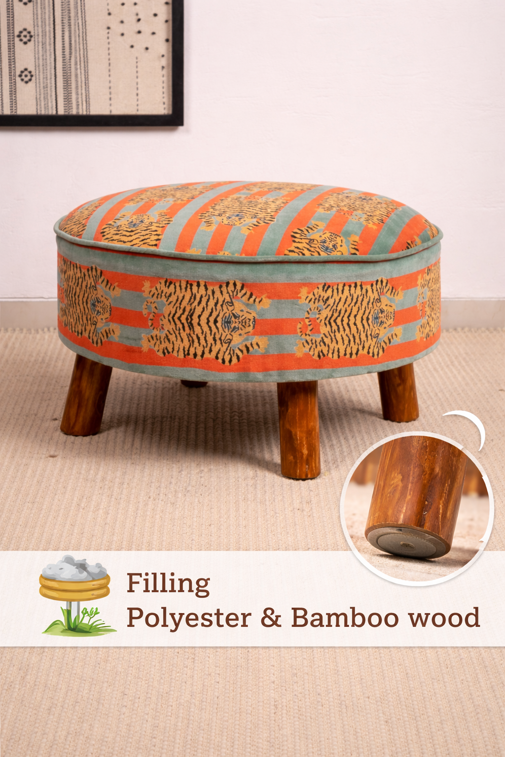 Cotton Round Footstool with Wooden Legs-Tiger Print- 60 cm