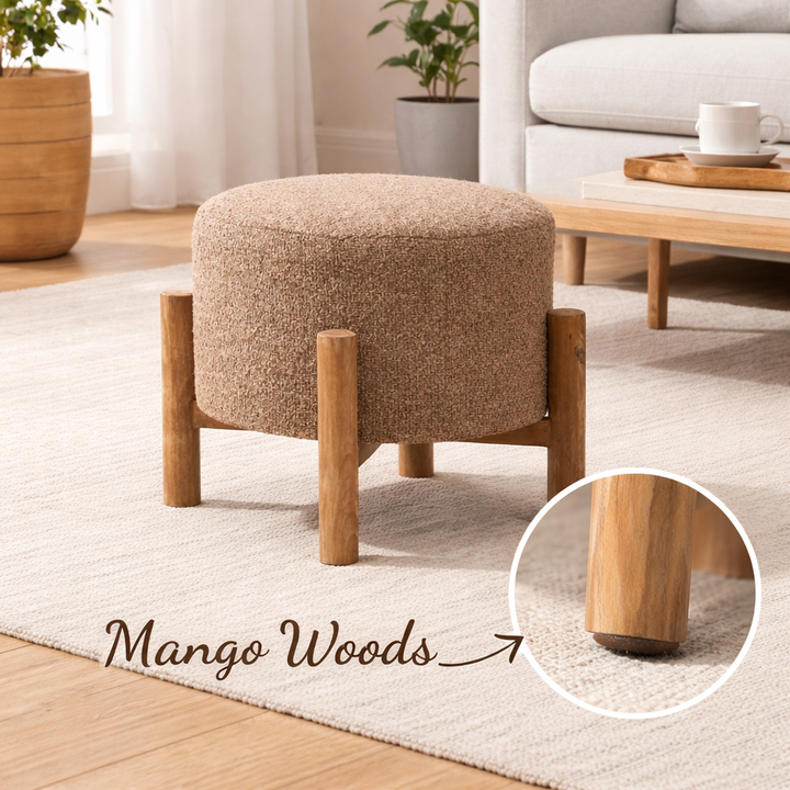 Brown Boucle Round Stool with Wooden Legs 40 cm