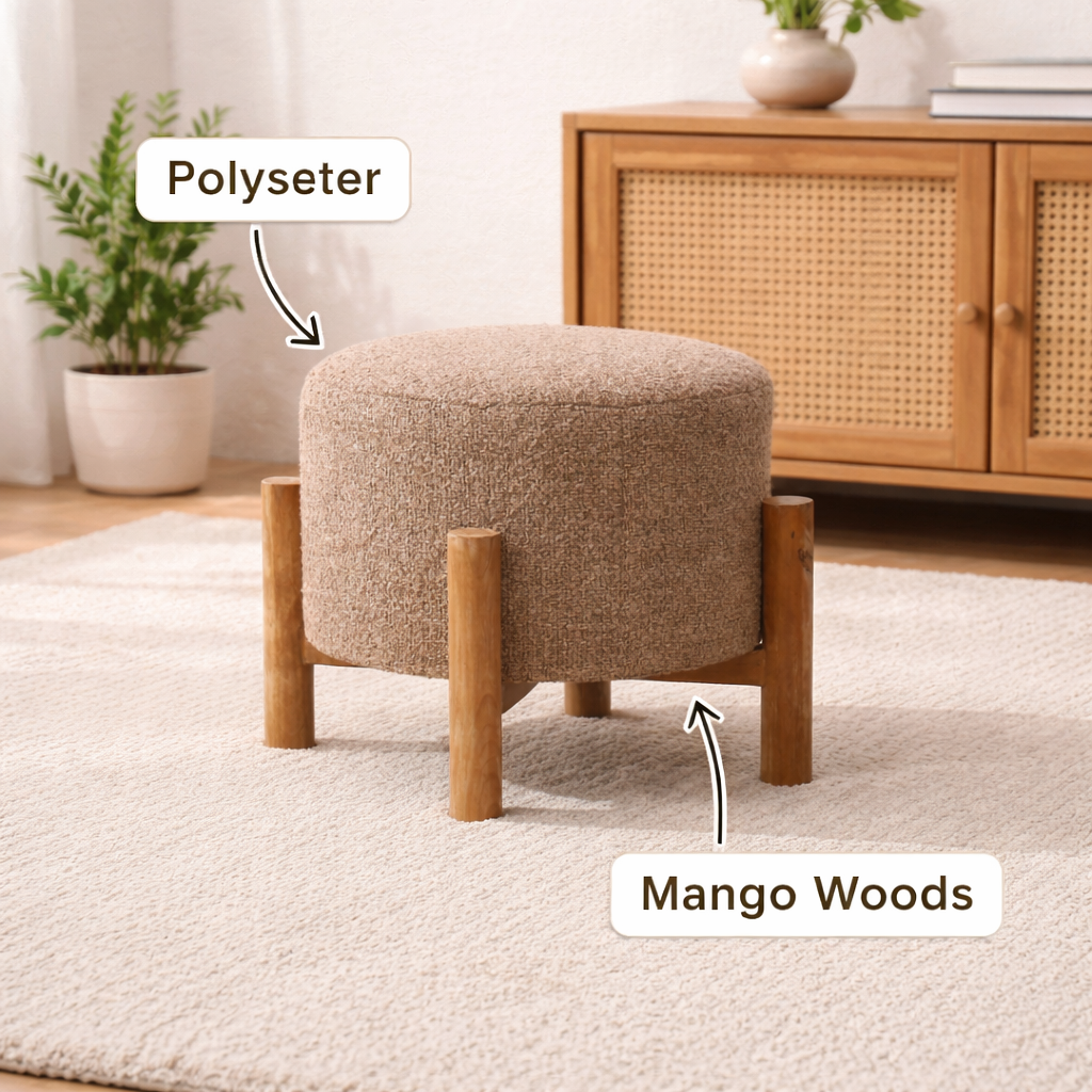 Brown Boucle Round Stool with Wooden Legs 40 cm