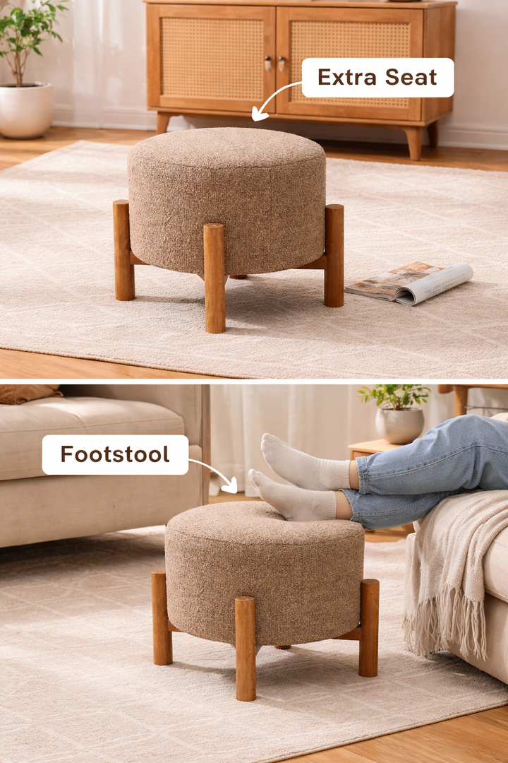 Brown Boucle Round Stool with Wooden Legs 40 cm