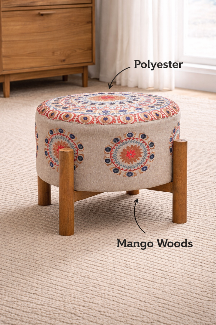 Embroidered Mandala Cotton Pouf Stool with Wooden Legs