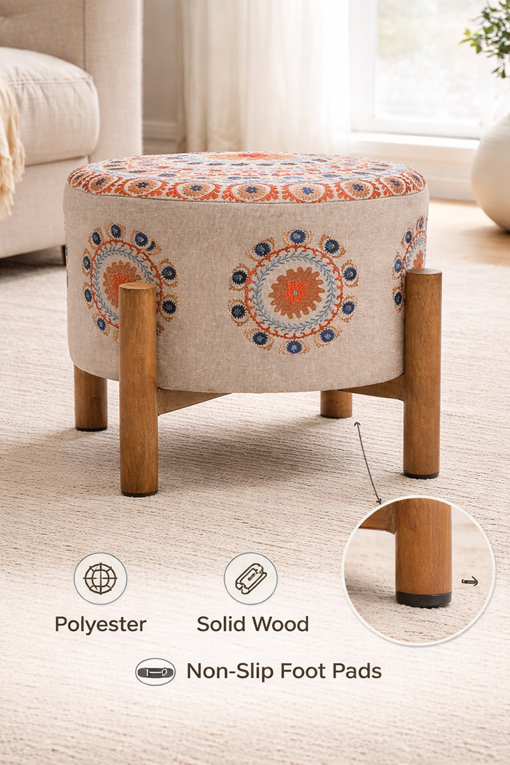 Embroidered Mandala Cotton Pouf Stool with Wooden Legs