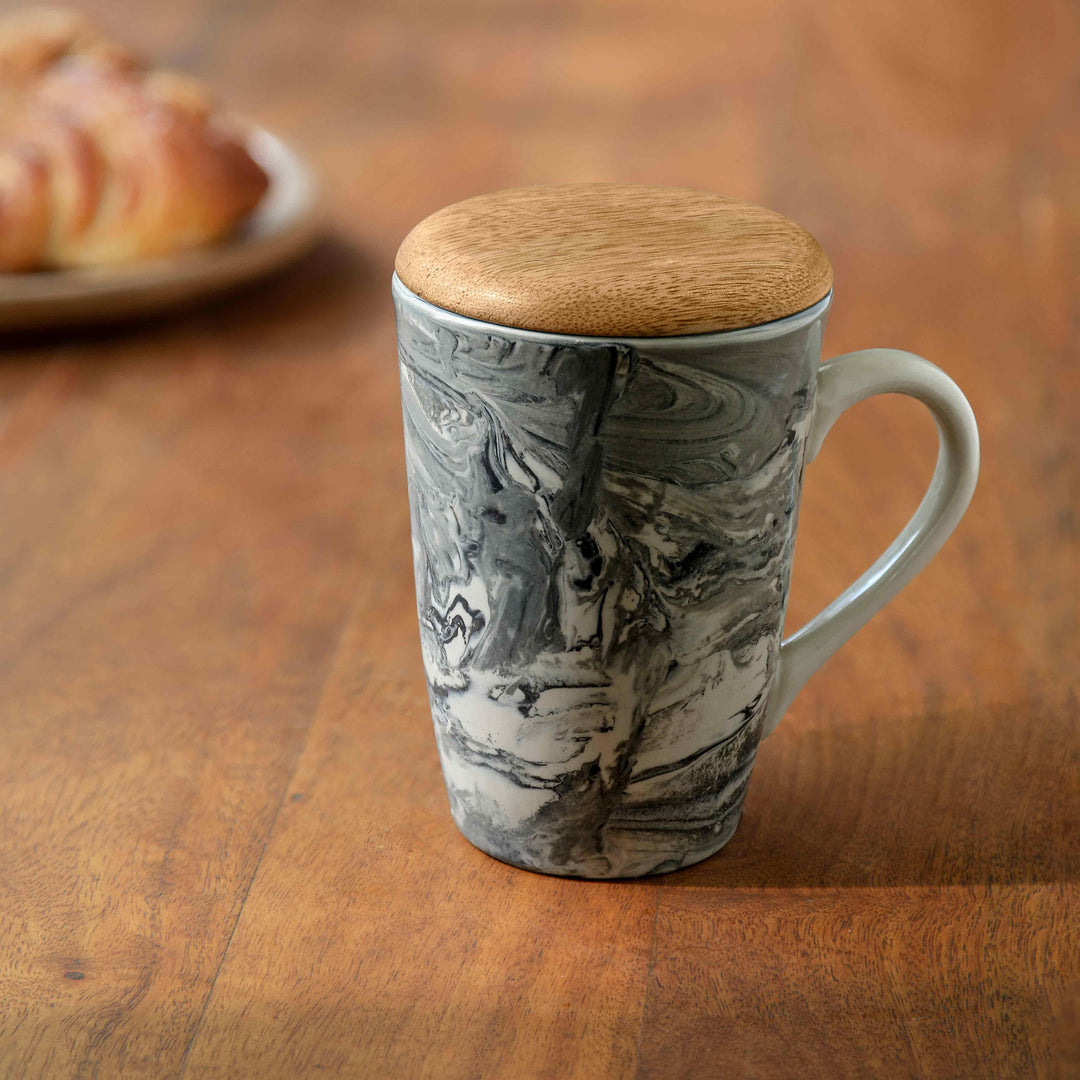 CERAMIC CARBON TALL MUG W/LID CUM COASTER