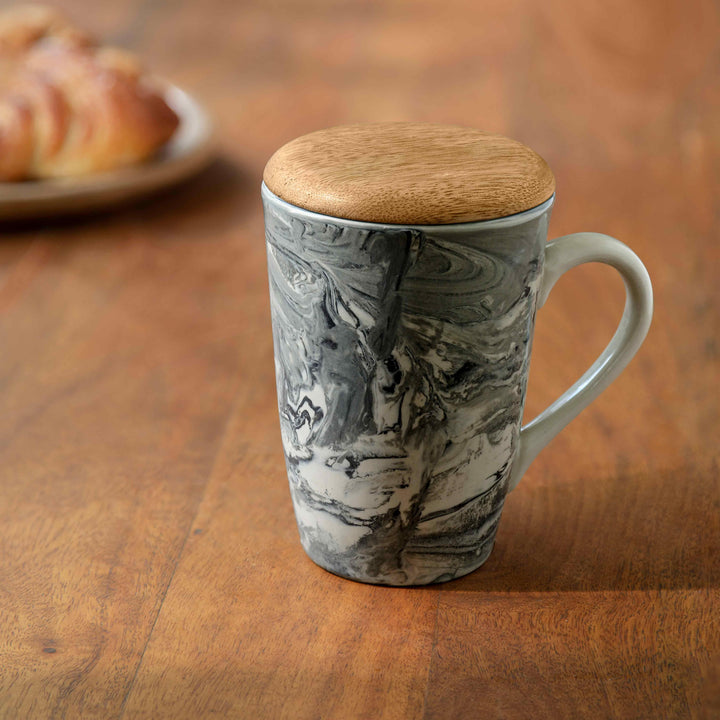 CERAMIC CARBON TALL MUG W/LID CUM COASTER
