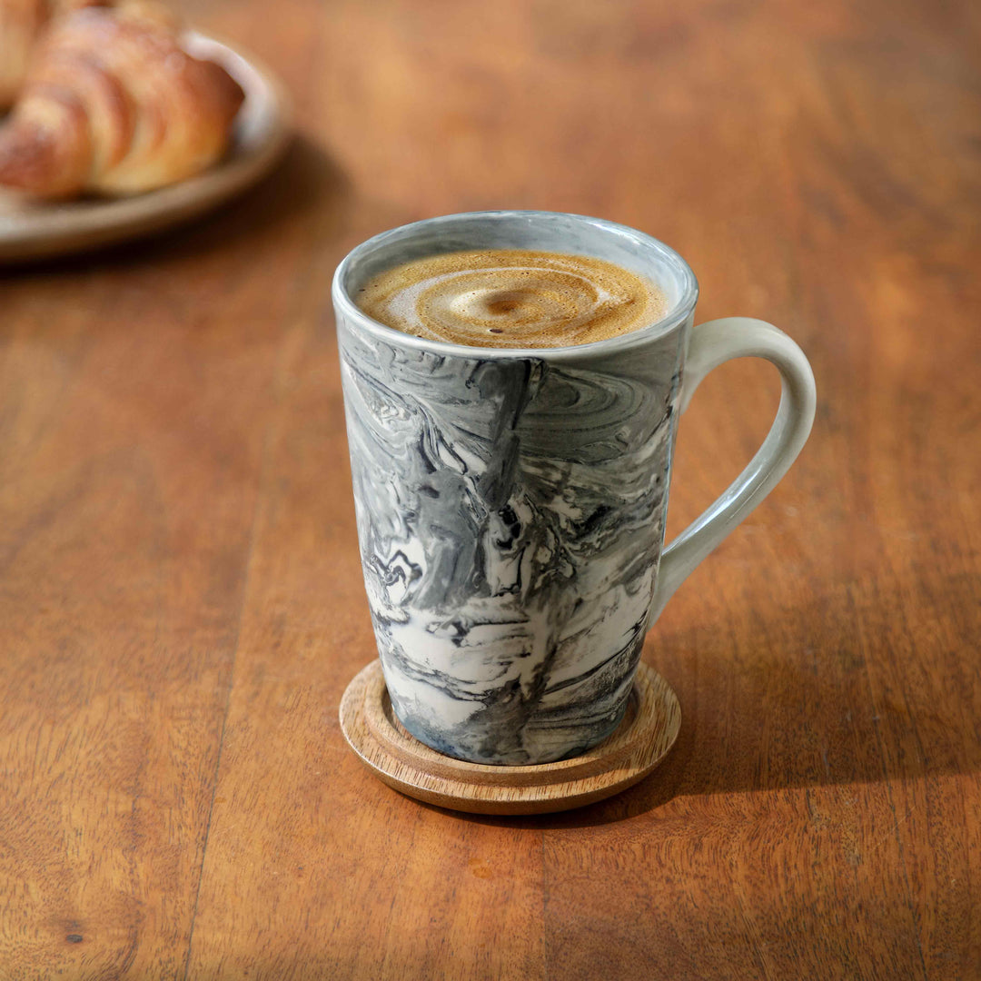CERAMIC CARBON TALL MUG W/LID CUM COASTER