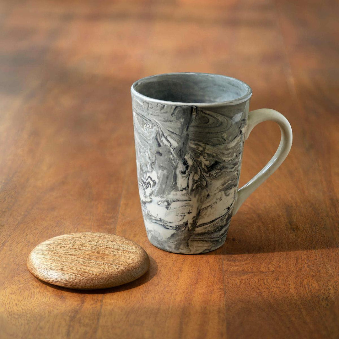 CERAMIC CARBON TALL MUG W/LID CUM COASTER