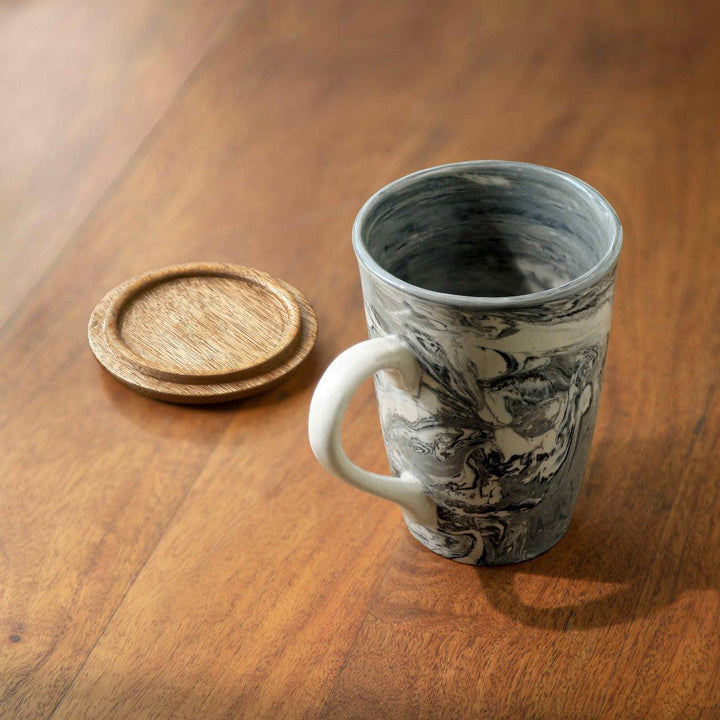 CERAMIC CARBON TALL MUG W/LID CUM COASTER