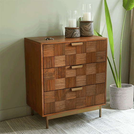 BRUNO TRIPLE DRAWER CHEST WITH METAL STAND