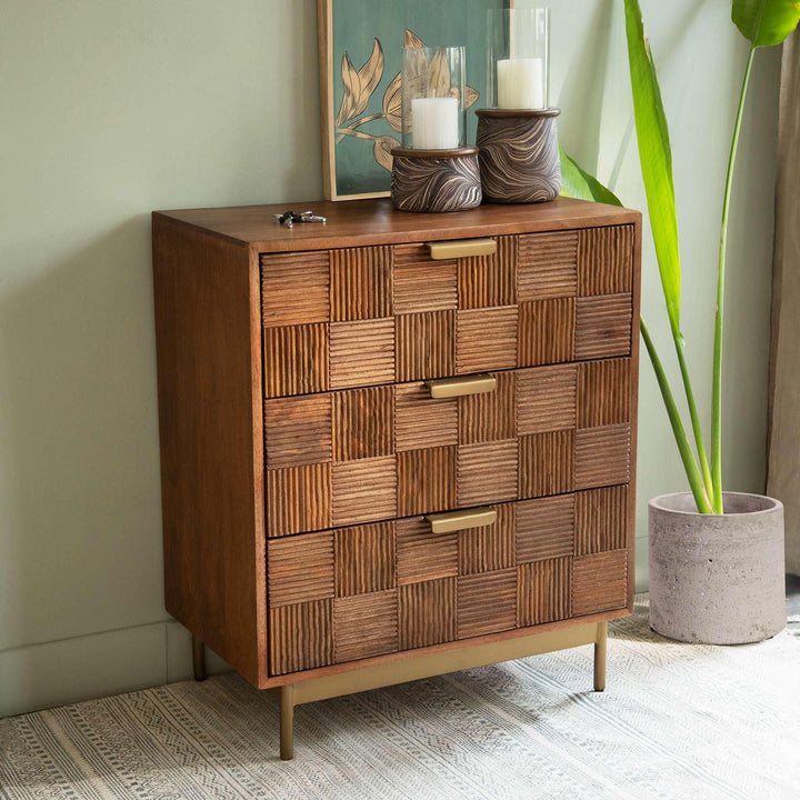 BRUNO TRIPLE DRAWER CHEST WITH METAL STAND